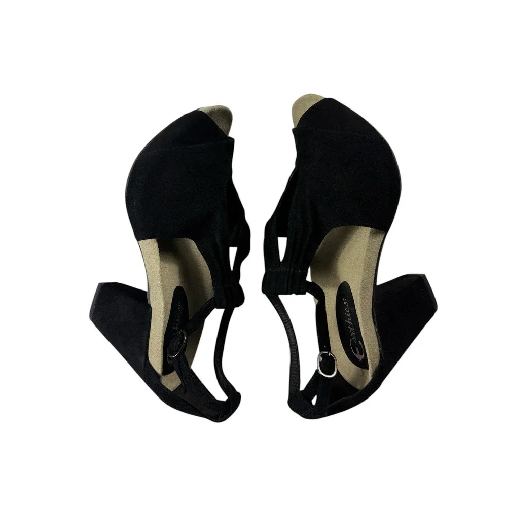 Earthies Veria Black Kid Suede Peep Toe Block Heel Sandals Womens 10B 800022WSDE